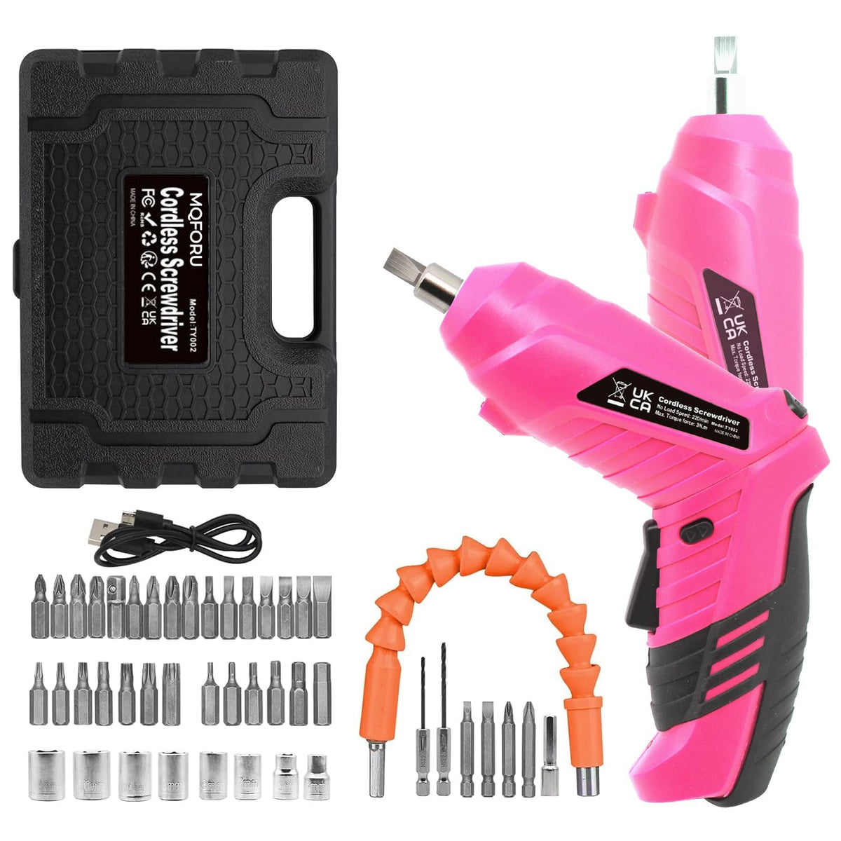 MQFORU pink cordless screwdriver with ergonomic grip for comfortable one-handed use.