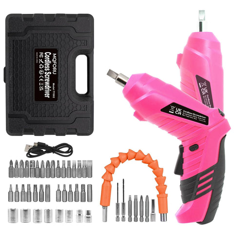 MQFORU pink cordless screwdriver with ergonomic grip for comfortable one-handed use.