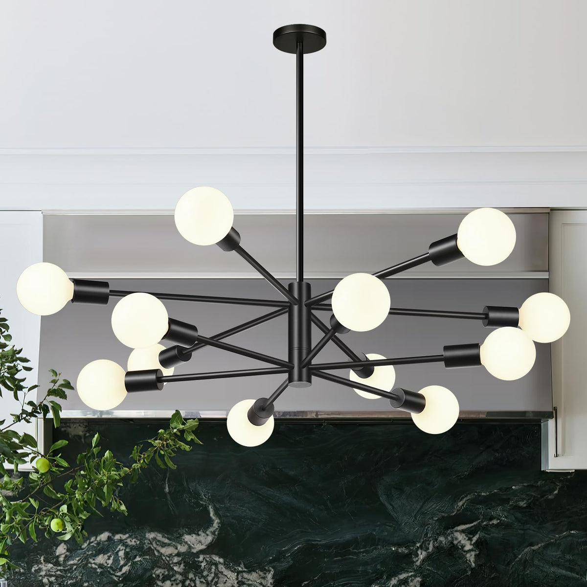 MQMQA 33 modern chandelier 12-light sputnik matte black for stylish dining room lighting.