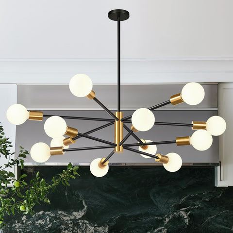 MQMQA 33in modern chandelier over dining table with warm ambient lighting.