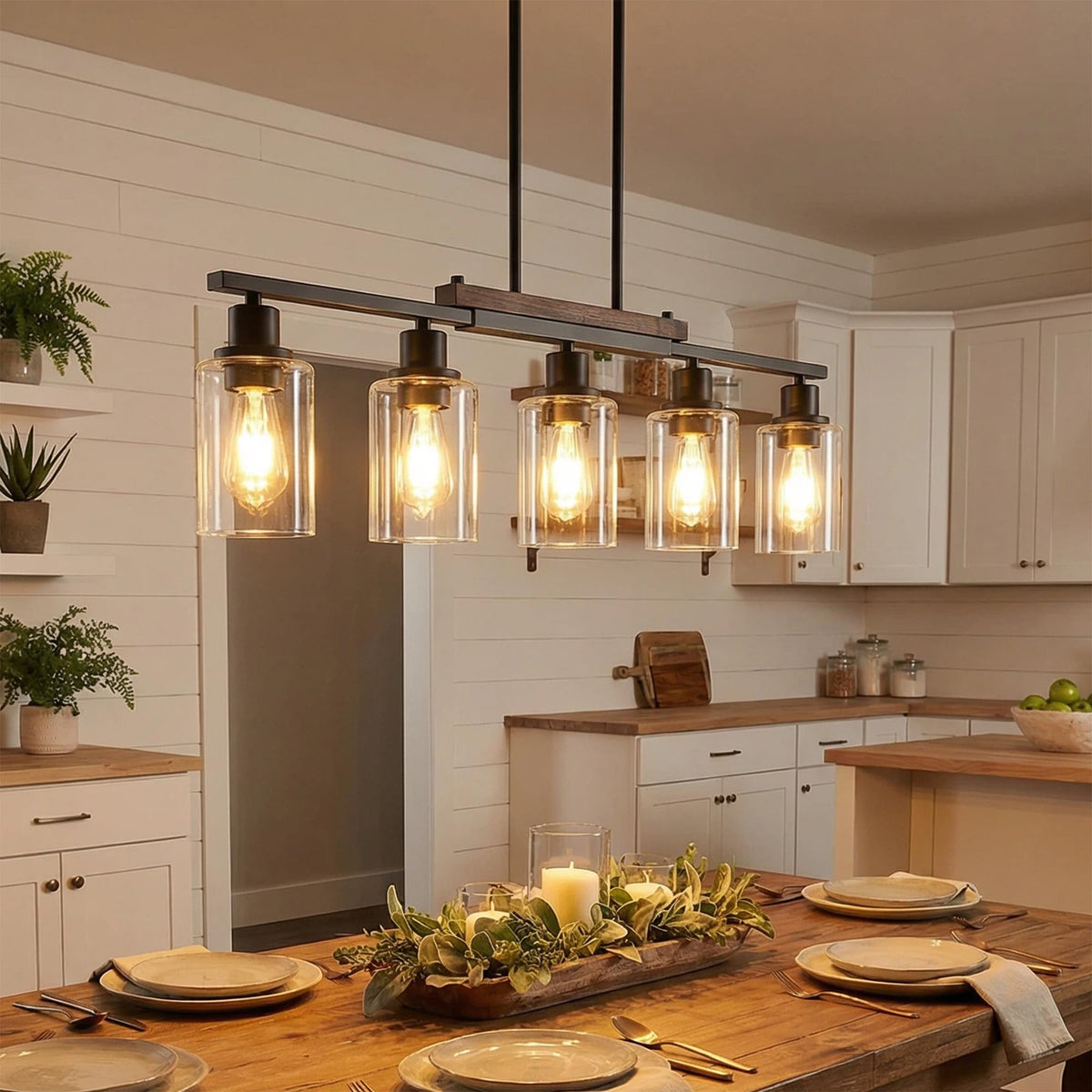MQMQA farmhouse dining light with five clear glass shades brightens the table.