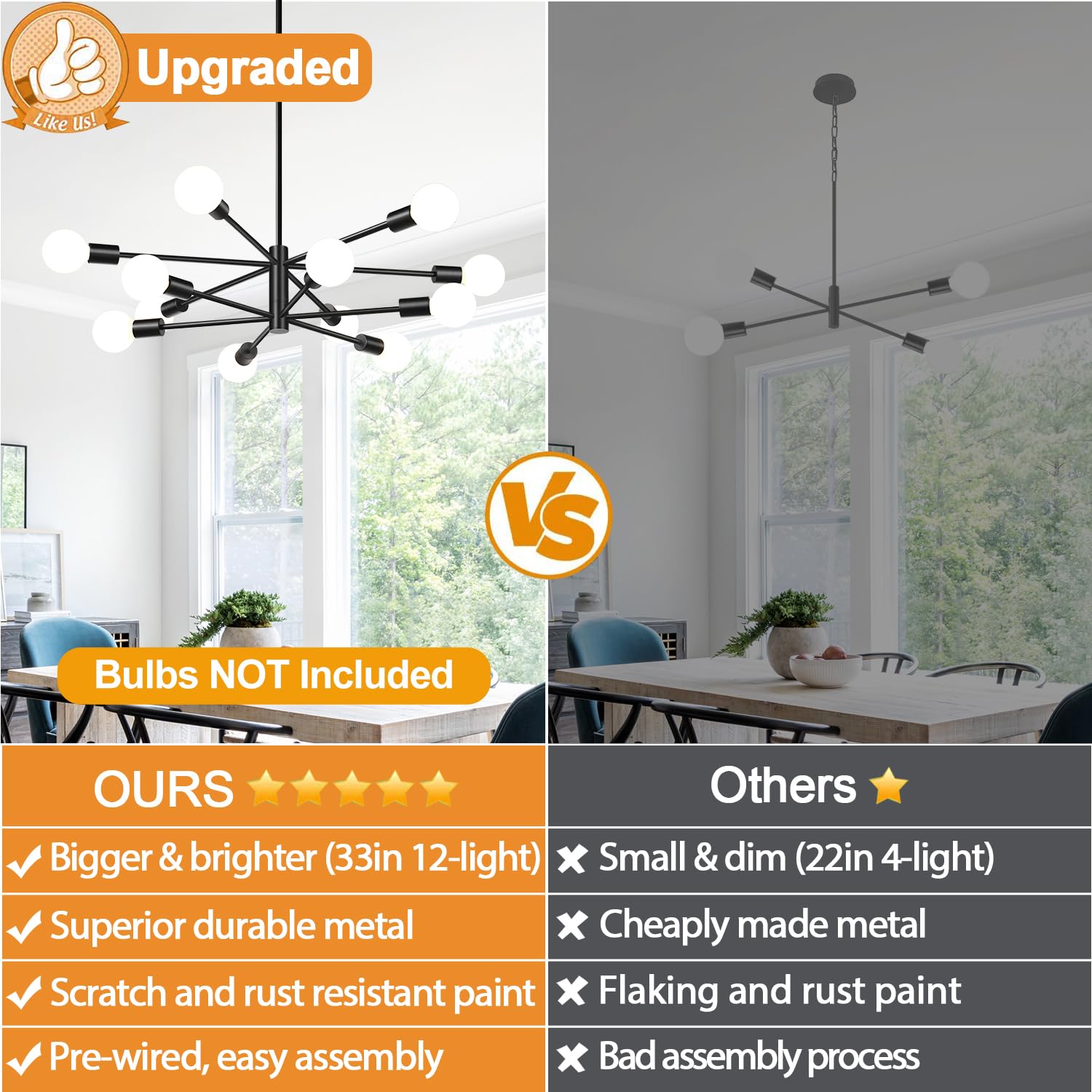 MQMQA height-adjustable sputnik chandelier adapts from 10.9 to 52.3 inches.