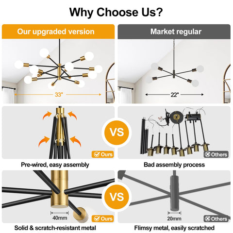 MQMQA sputnik chandelier brushed gold and black detail adds modern elegance.
