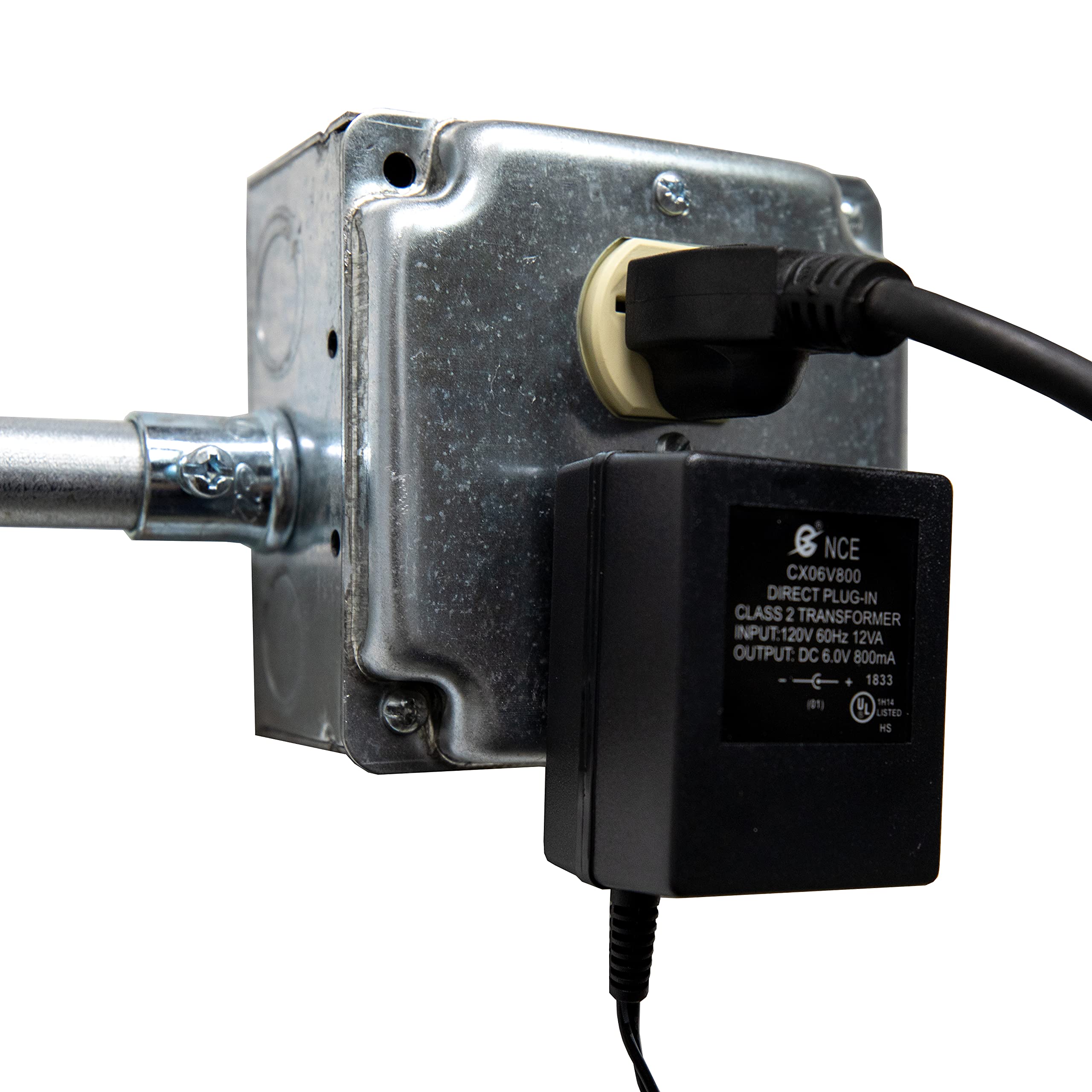 Mr. Heater 6V power adapter plugged into a standard outlet for continuous operation.