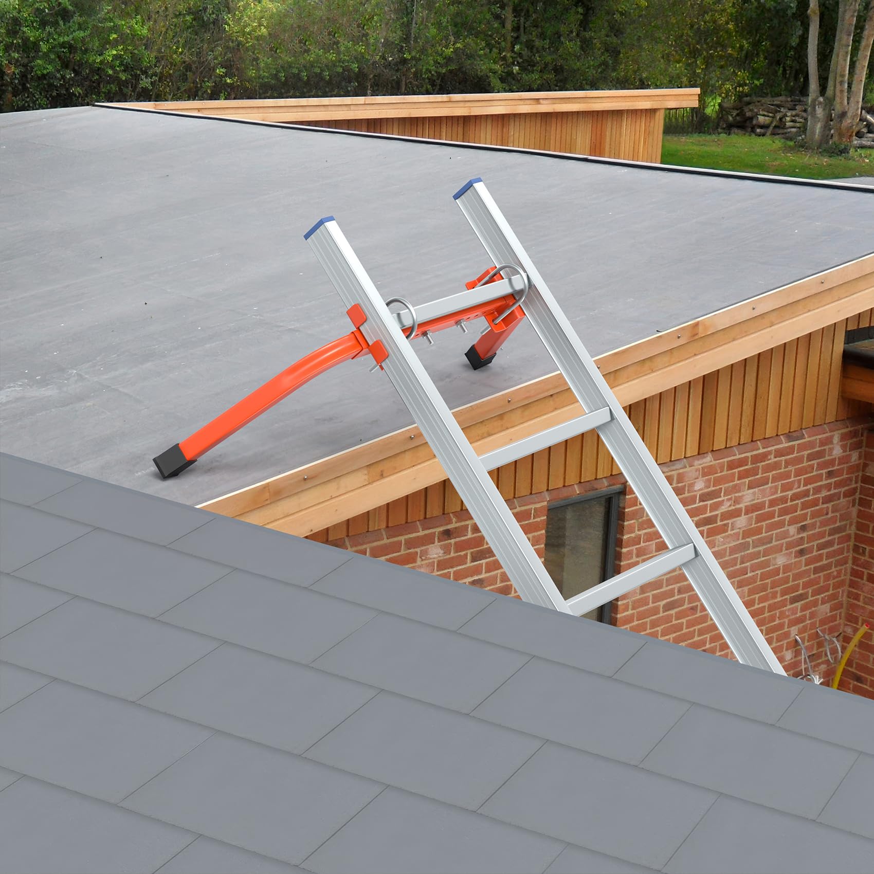 Mr IRONSTONE LS01-OGA extended standoff on ladder stabilizes roof gutter work safely