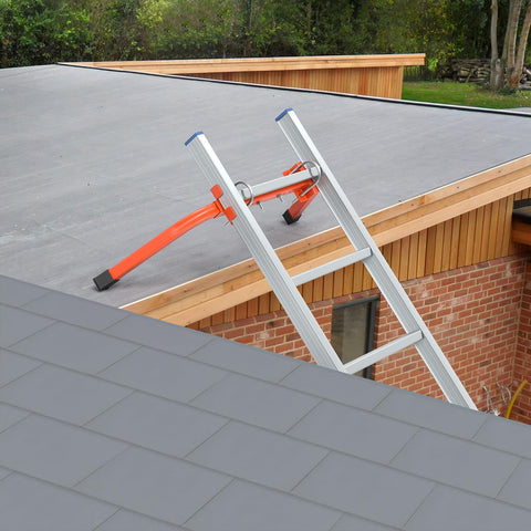 Mr IRONSTONE LS01-OGA extended standoff on ladder stabilizes roof gutter work safely