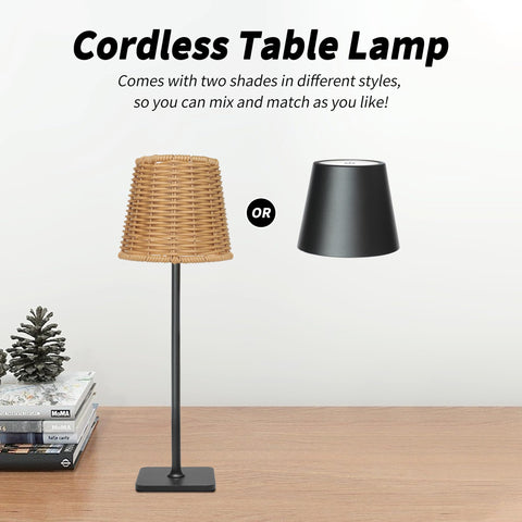 Mr White lamp with woven shade adds warm ambiance for outdoor dining.