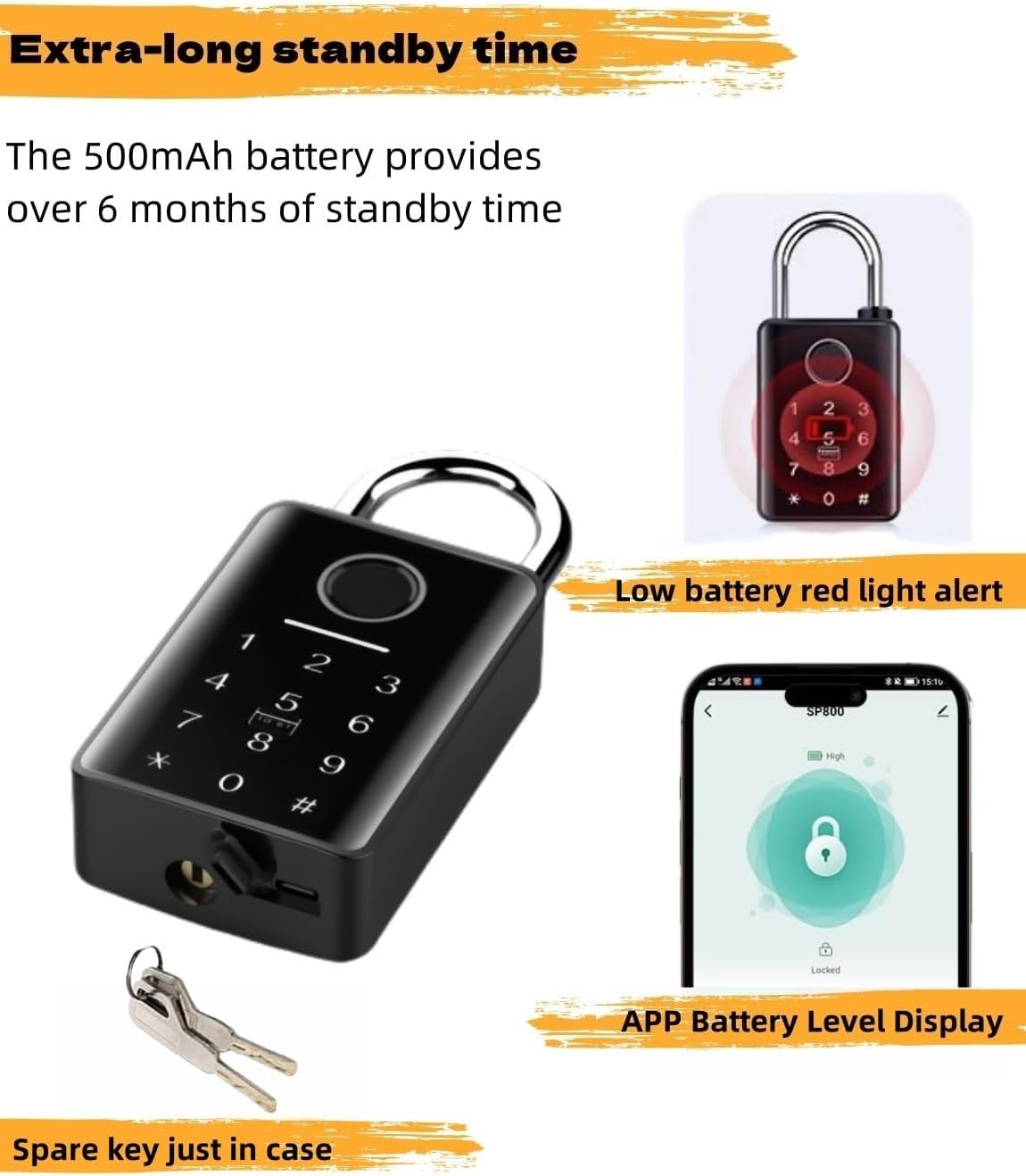 Mrandou app-controlled padlock showing digital interface and activity history.