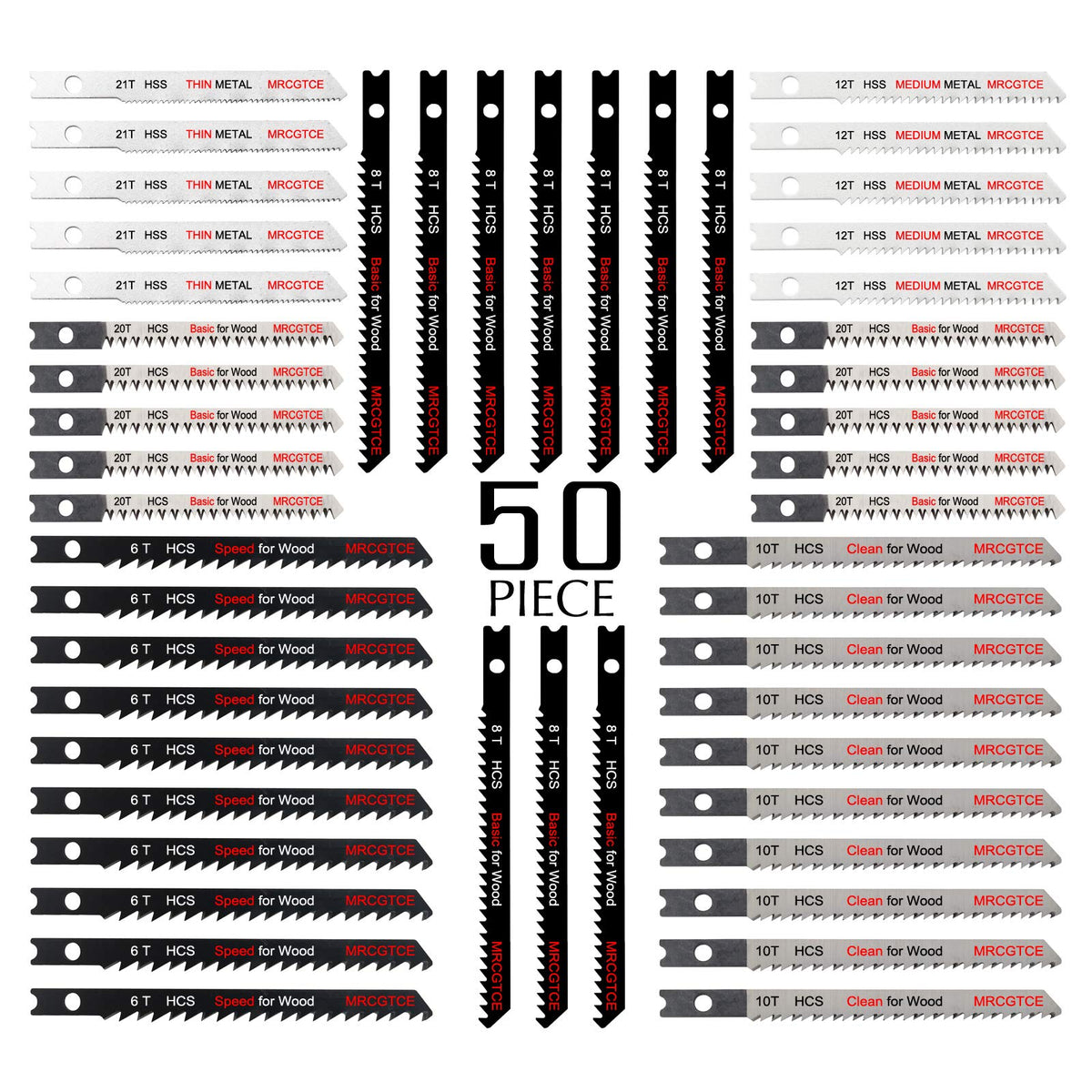 MRCGTCE 50-piece U-shank blade set with case for organized metal, wood, and plastic cutting.
