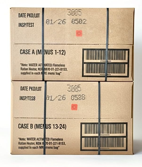 MRE 24-meal Variety Pack Case A for rugged camping and on-the-go meals.