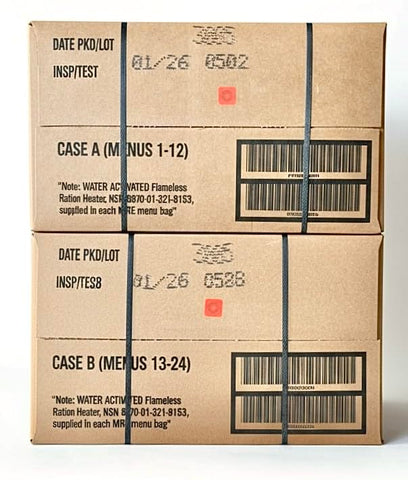 MRE 24-meal Variety Pack Case A for rugged camping and on-the-go meals.