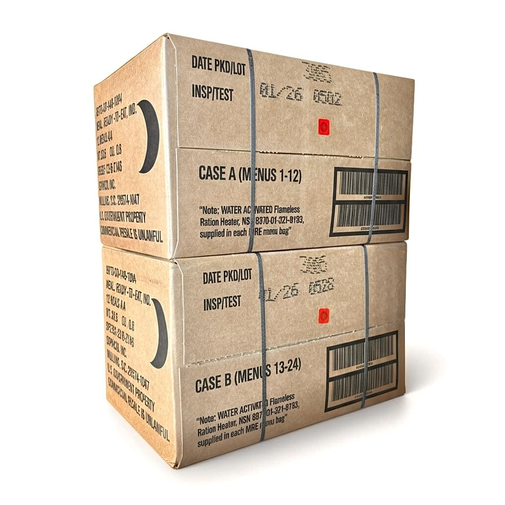 MRE 24-meal Variety Pack Case B for outdoor prep and emergency readiness.