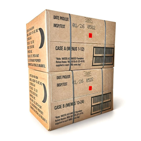 MRE 24-meal Variety Pack Case B for outdoor prep and emergency readiness.