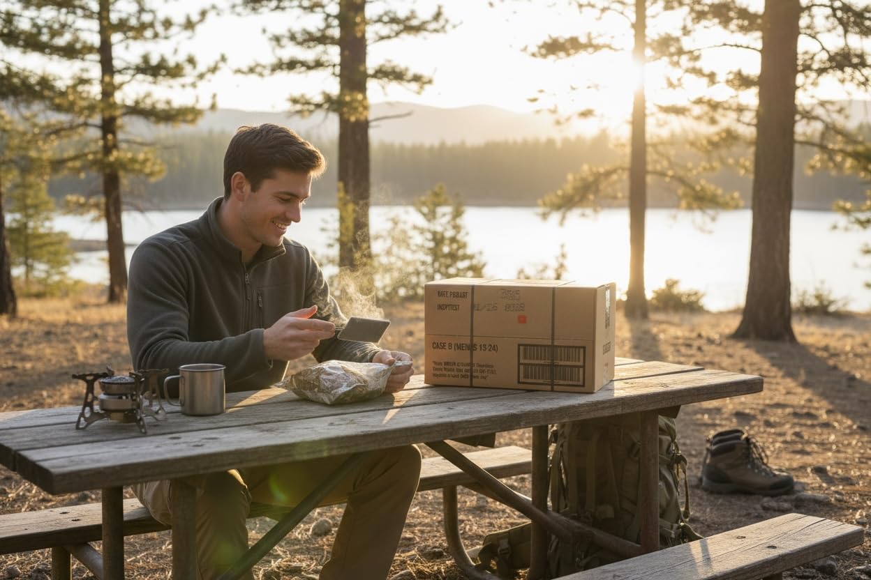 MRE entree and sides assortment shown, ideal for camping menus and long trips.
