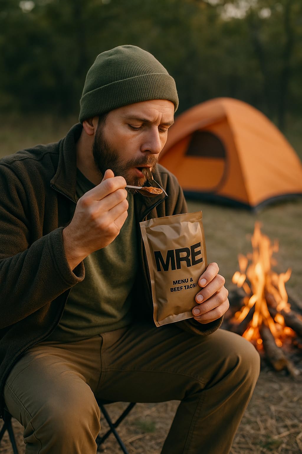 Emergency preparedness kit with MRE meals and long shelf life.