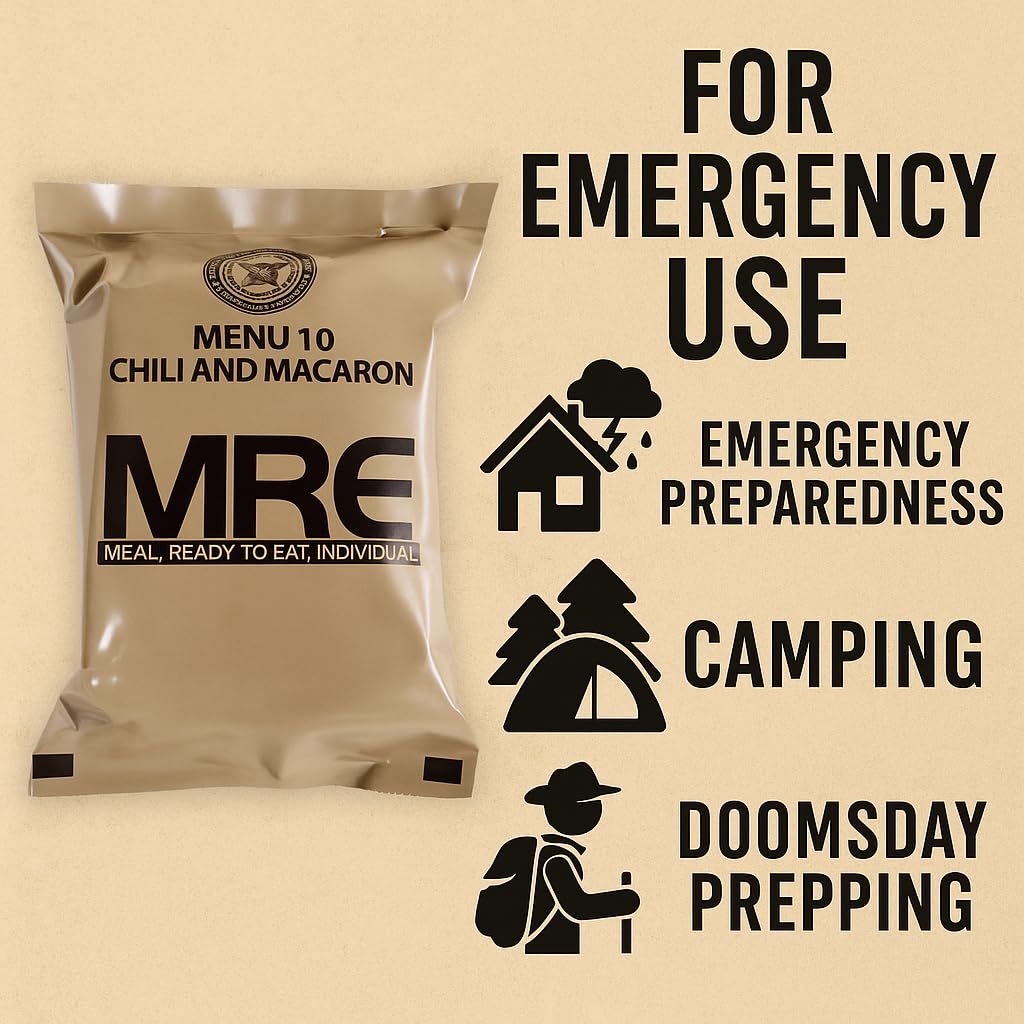 Close-up of shelf-stable MRE pack highlighting long storage life.