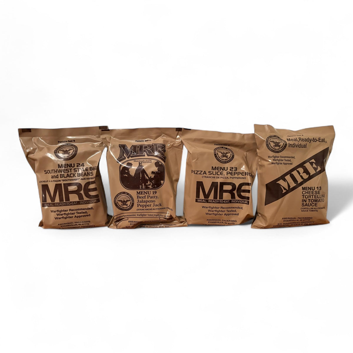 MRE 4 Pack variety meals kit showing complete entree and sides for outdoor meals