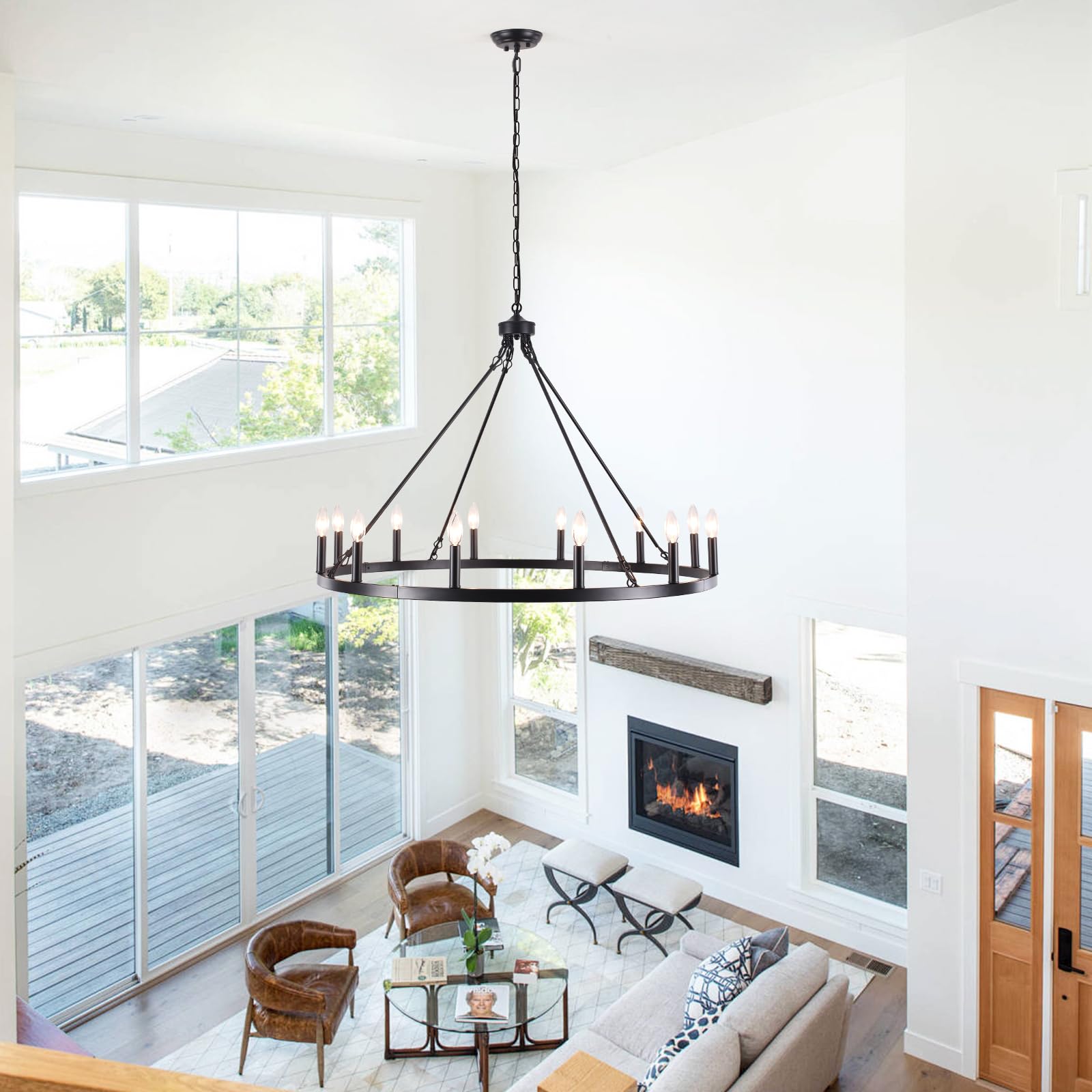 MRHYSWD black finish wagon wheel chandelier adds vintage-industrial ambiance to living spaces.