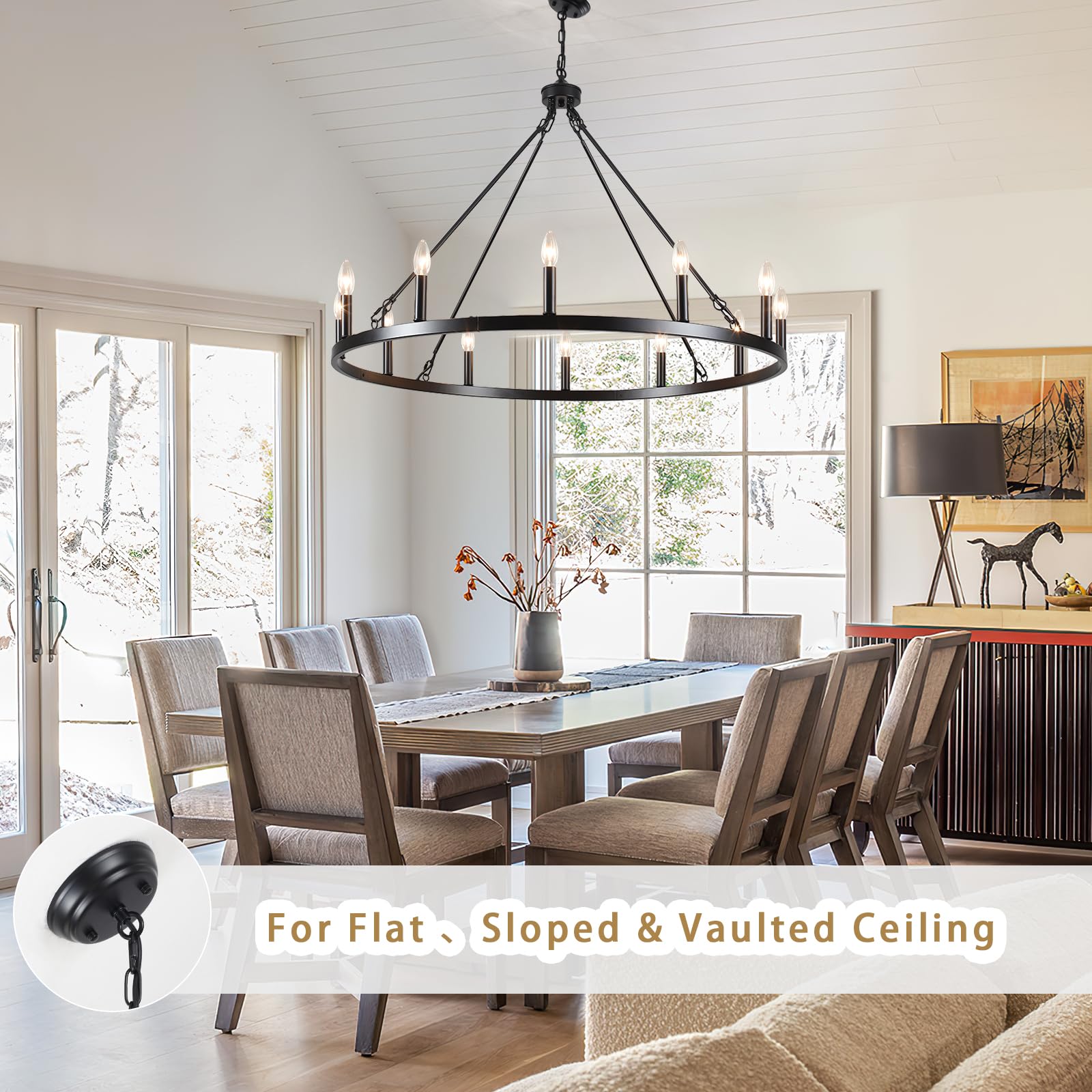 MRHYSWD wagon wheel fixture, adjustable height, fits high ceilings and vaulted spaces.