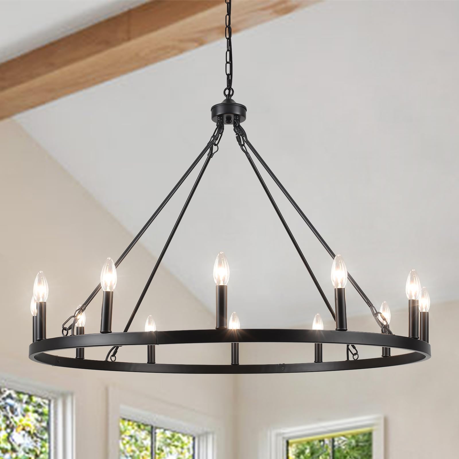 MRHYSWD wagon wheel chandelier with drum-style circle centerpiece in black finish, ideal for dining rooms.