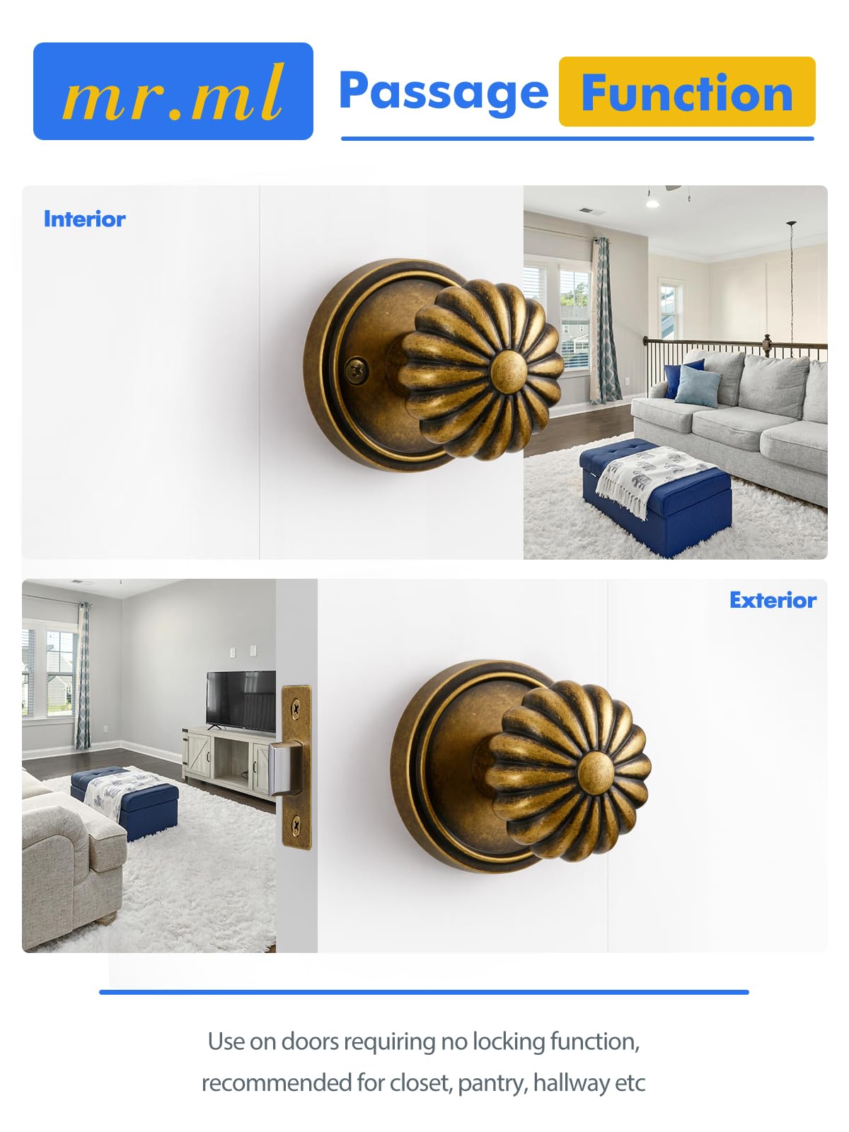 MRML Passage knob antique brass detail captures vintage finish that elevates decor.