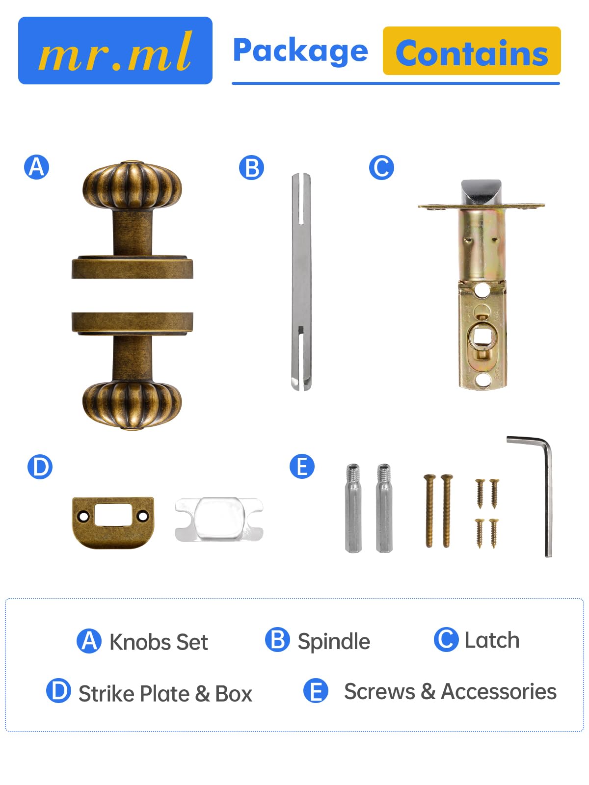 MRML Passage knob antique brass overall with dimensions reference image for correct sizing.
