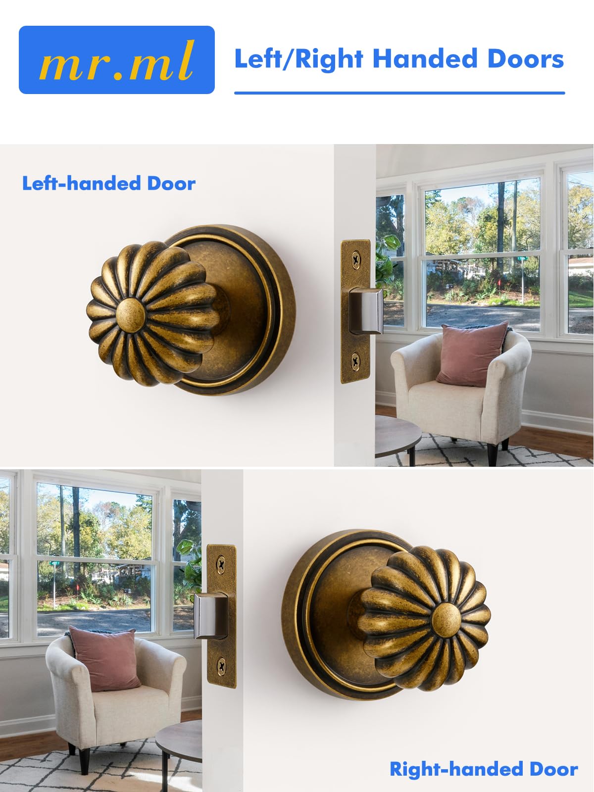 MRML Passage door knob antique brass pack shot suitable for interior doors.