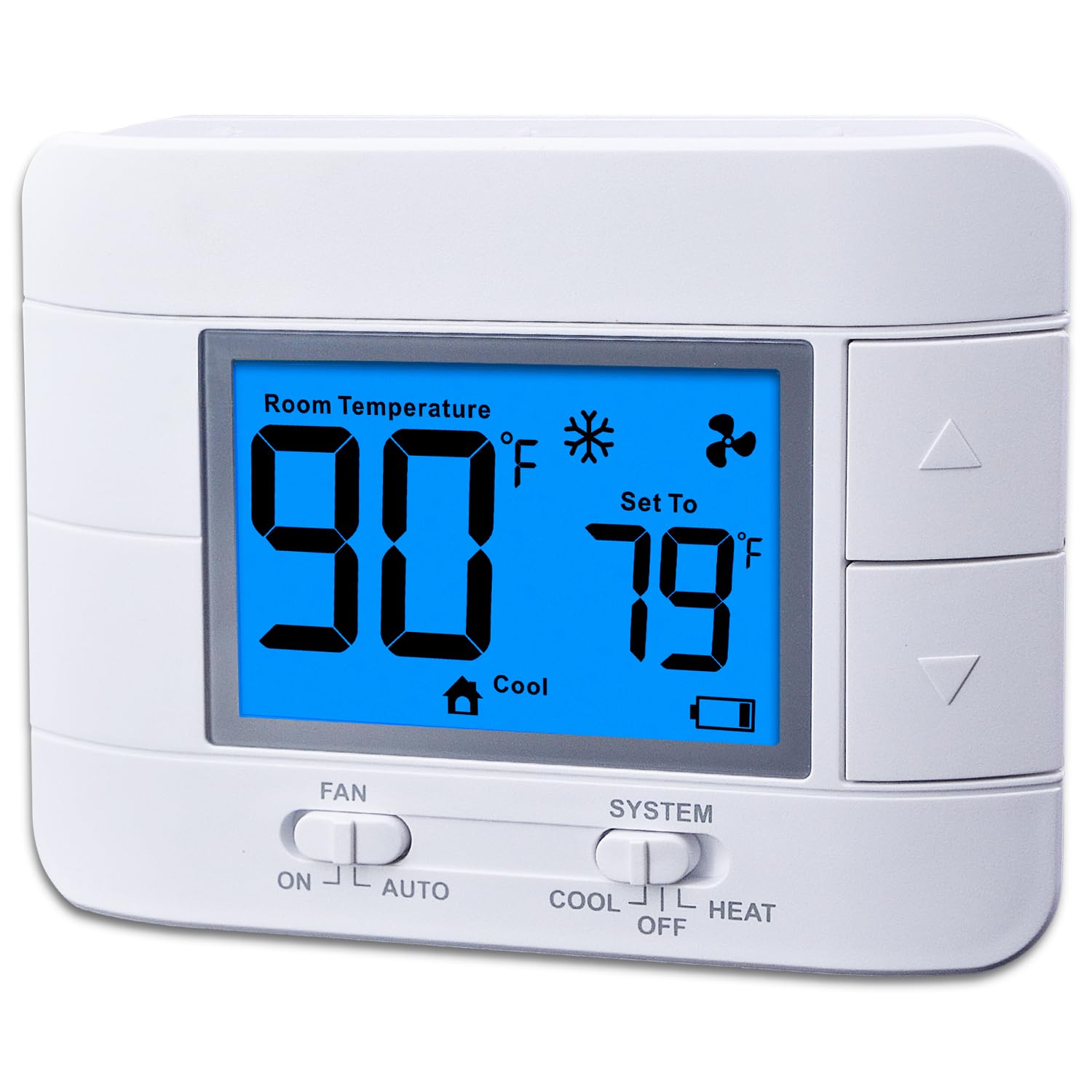 Mroinge thermostat with large blue LCD display for easy temperature readouts.
