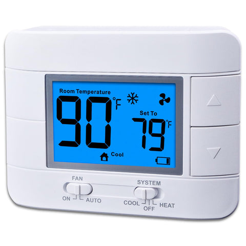 Mroinge thermostat with large blue LCD display for easy temperature readouts.