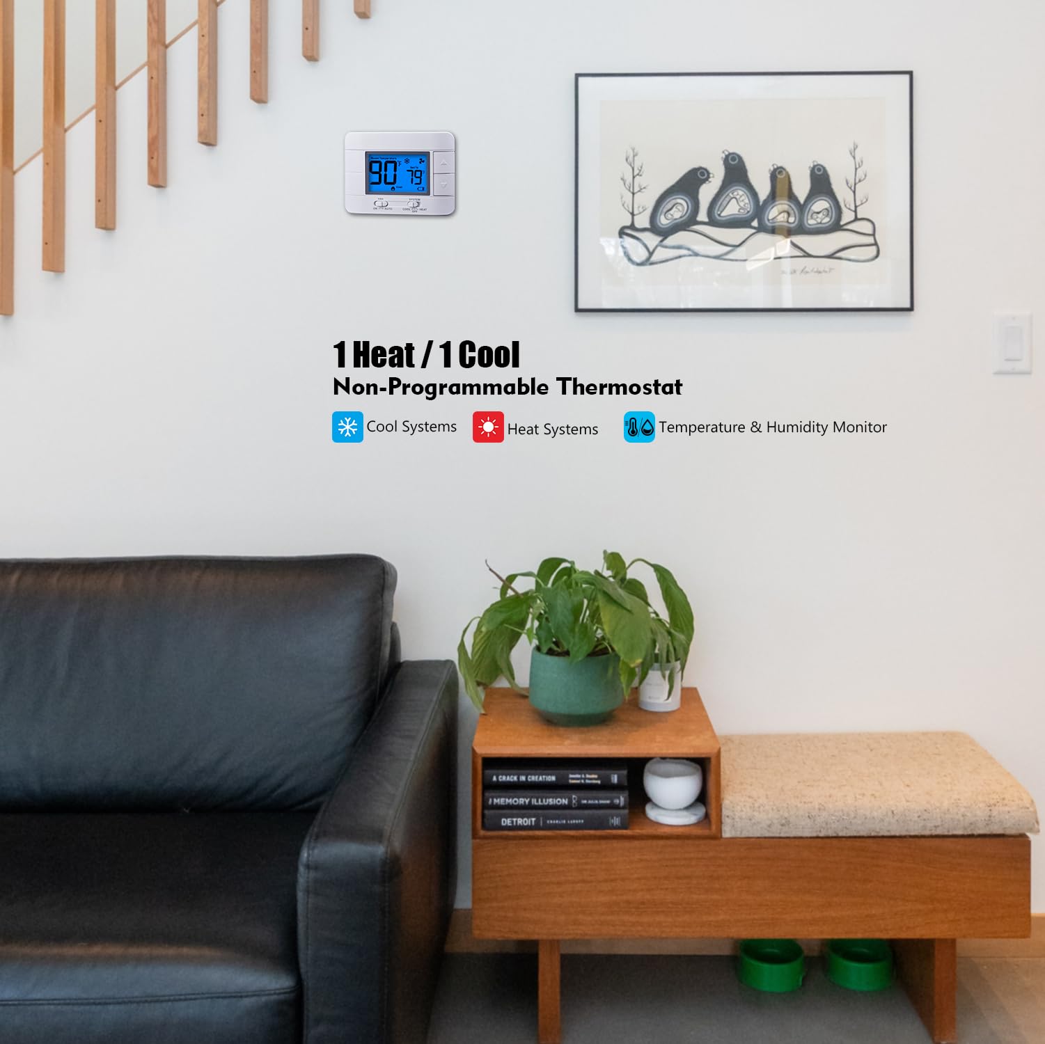 Mroinge thermostat shows room temperature and humidity for comfortable living.