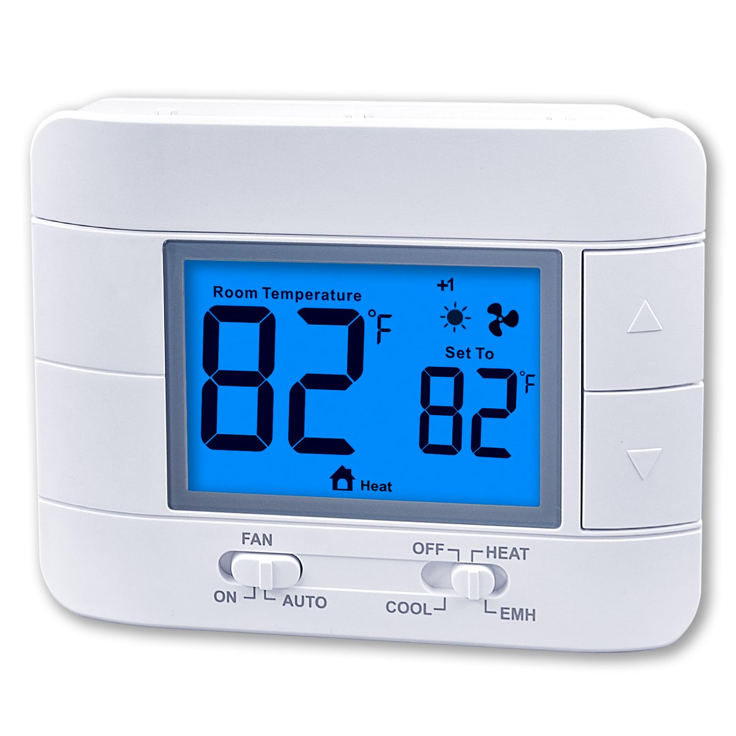 Mroinge thermostat front panel showing 2H/1C mode for quick climate checks
