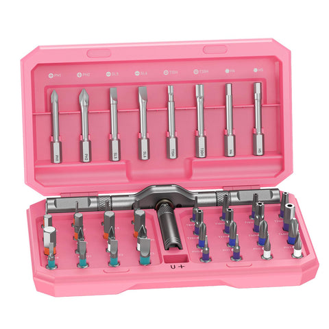 MrToNo 42-in-1 magnetic screwdriver set in pink case for electronics repairs.