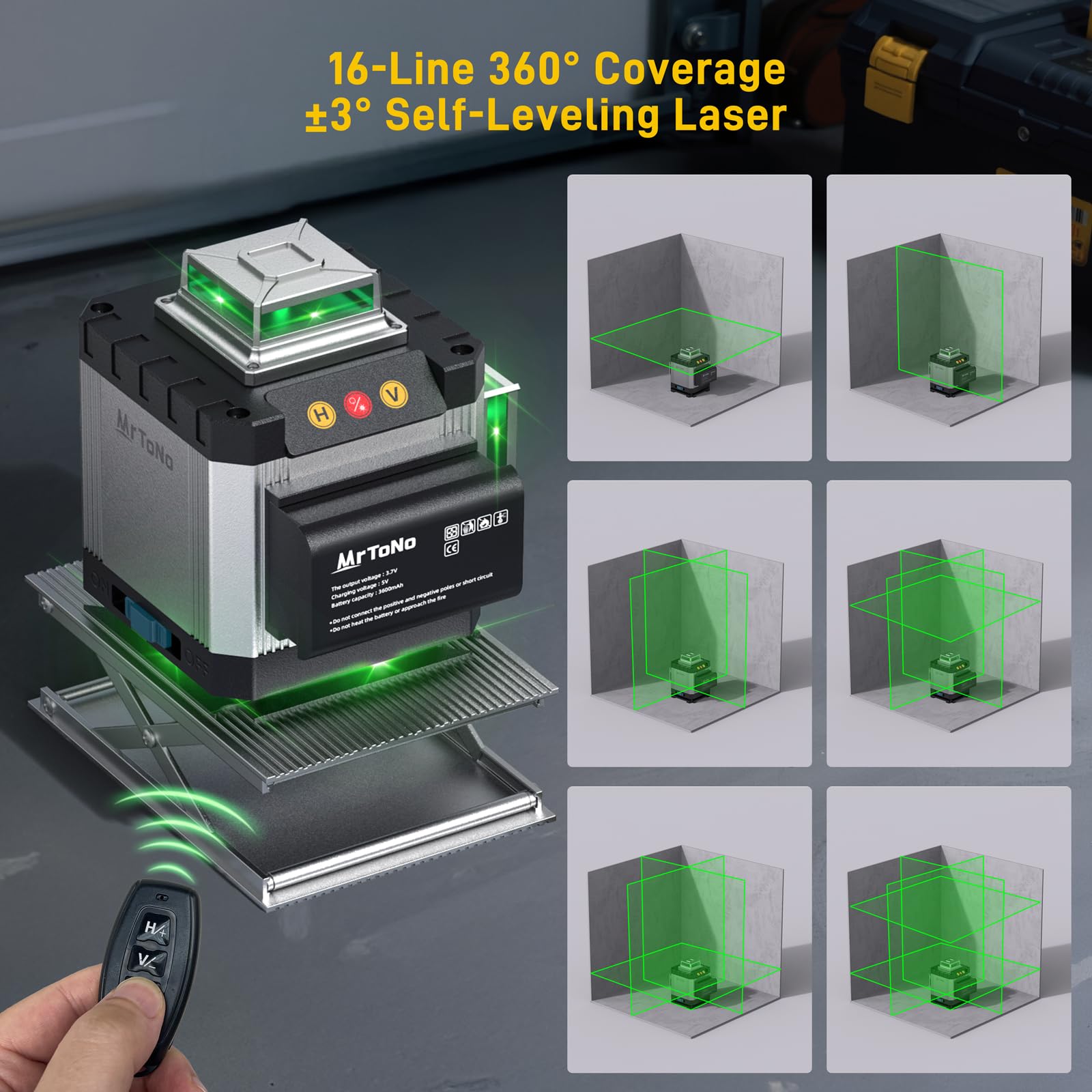 MrToNo laser level shows horizontal and vertical laser lines.