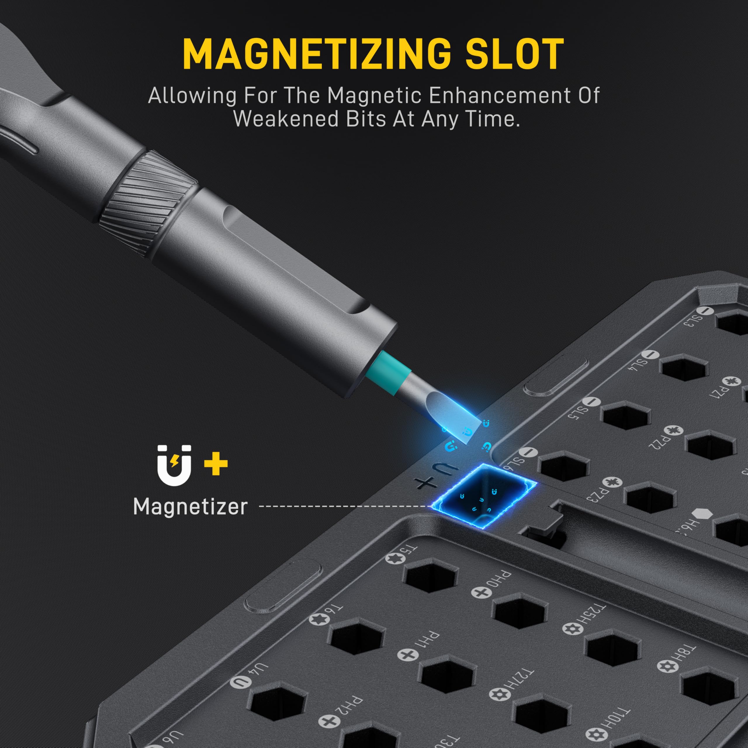 MrToNo magnetization chamber recharges bit magnetism for long-lasting grip.