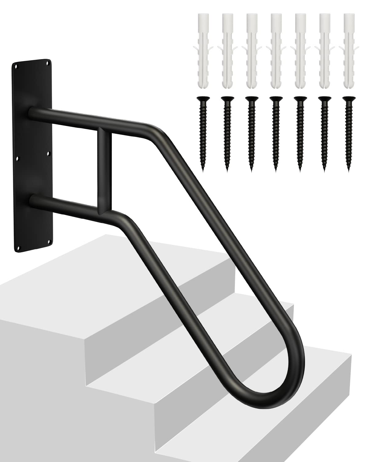 Mrupoo handrail for outdoor steps with a U-shaped design provides sturdy support on stairs.