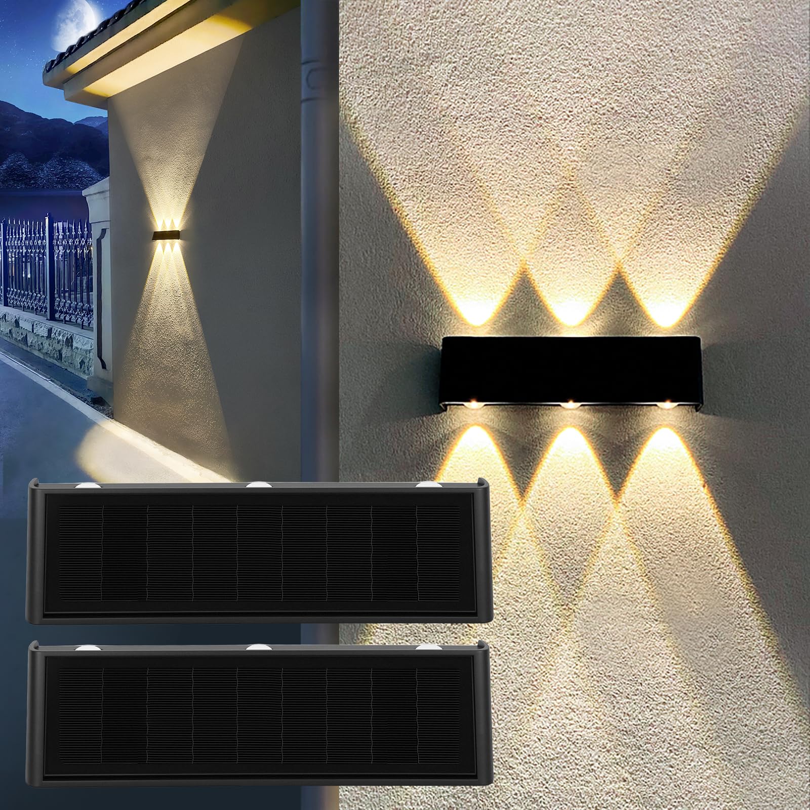 Mrzxy solar lights illuminate entryways with up down three beams for balanced exterior lighting.