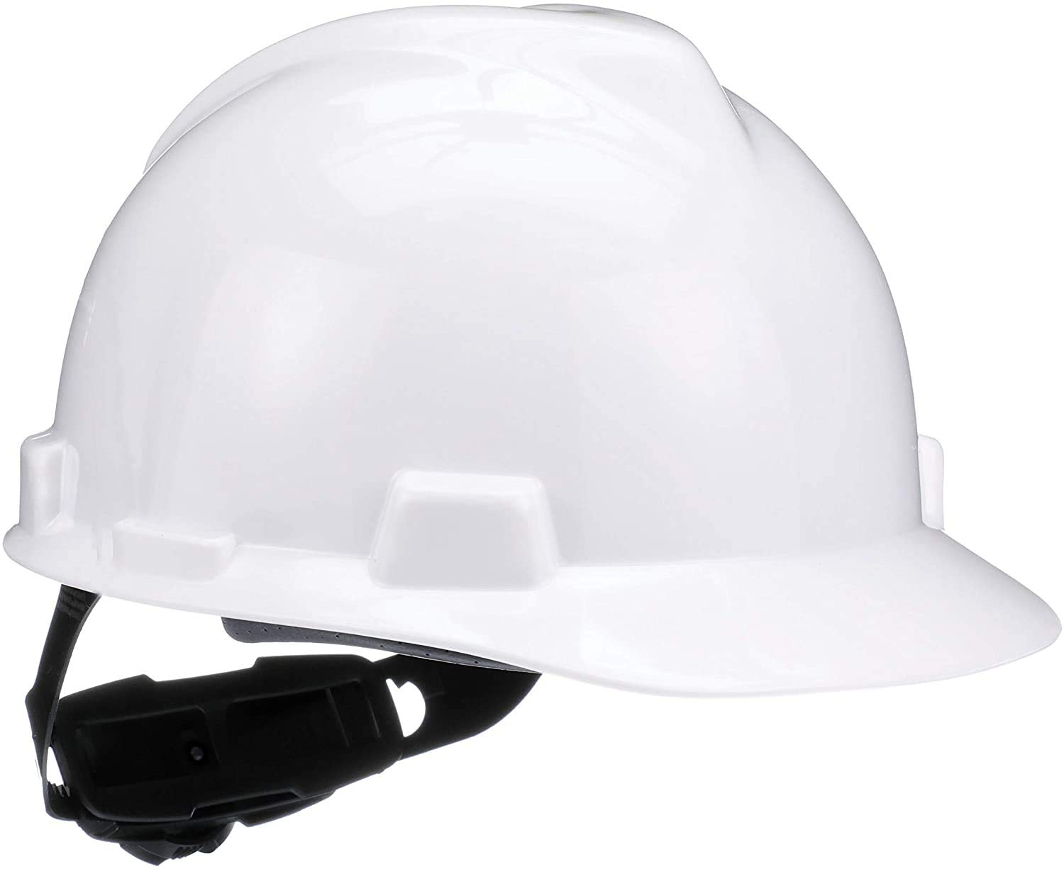 MSA V-Gard cap white shell close-up showing durable polyethylene for top-impact protection.