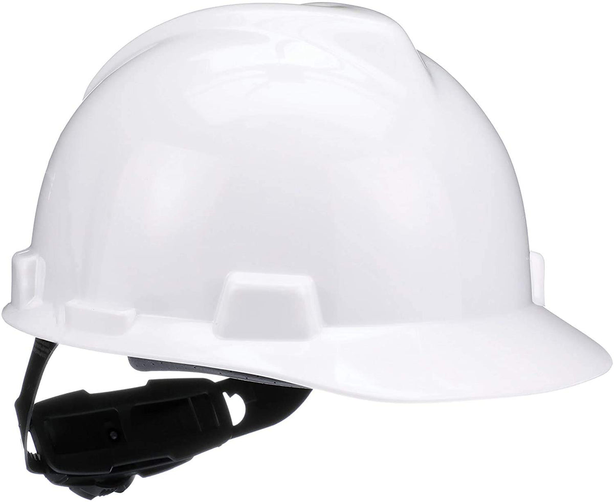 MSA V-Gard cap white shell close-up showing durable polyethylene for top-impact protection.