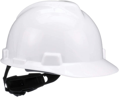 MSA V-Gard cap white shell close-up showing durable polyethylene for top-impact protection.