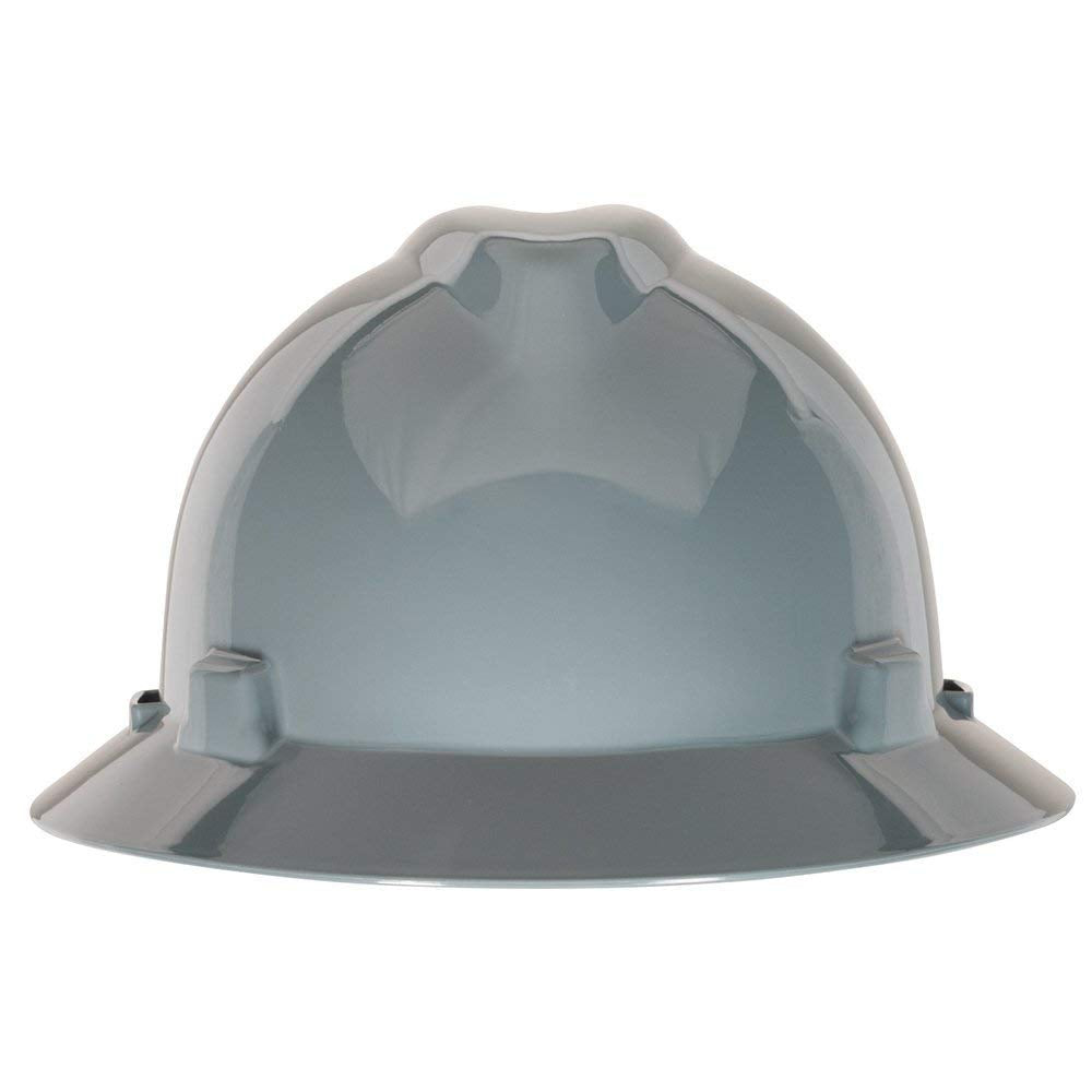 MSA V-Gard full-brim hard hat front view in navy gray offers reliable top impact protection.