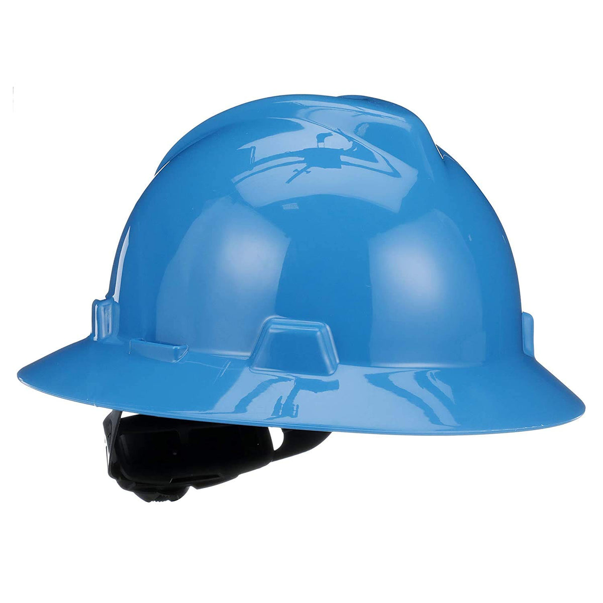 MSA V-Gard full-brim hat front view shows secure fit for active worksites.