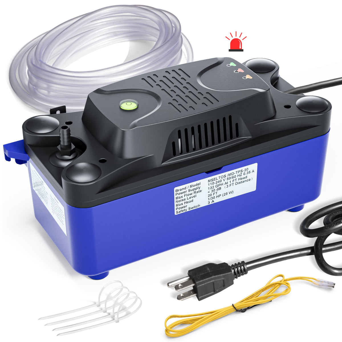MSELTOS condensate pump front view, compact design for tight spaces.