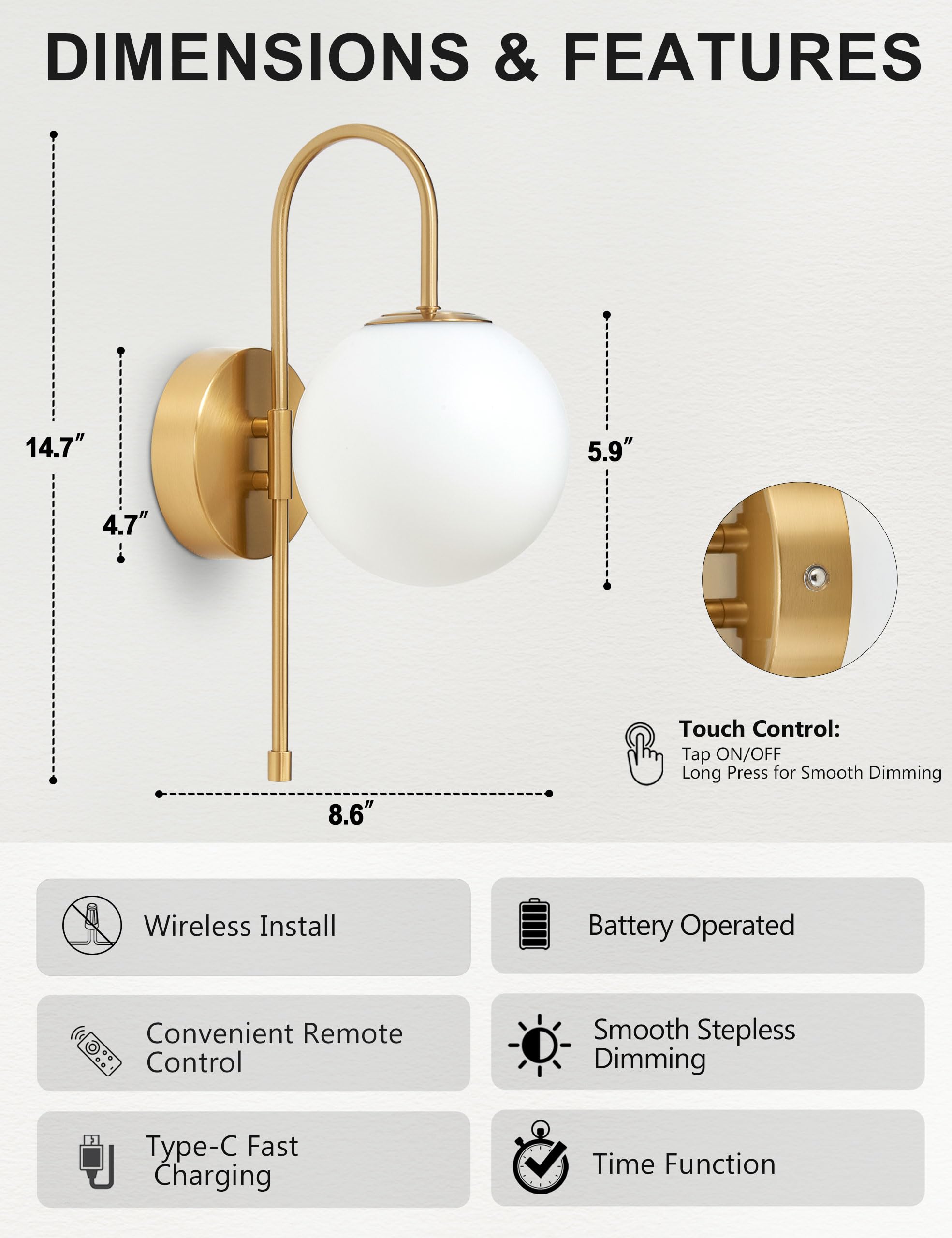 Close up of frosted glass globe on MSTETO gooseneck wall sconce with brushed gold finish