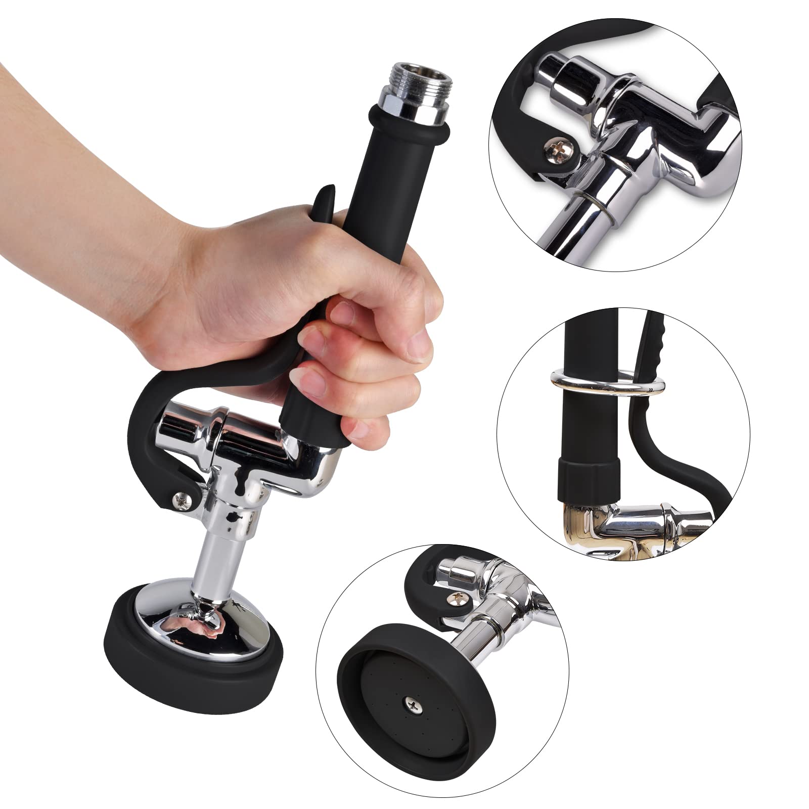 MSTJRY hold-down ring diverts water to the sprayer for hands-free operation.