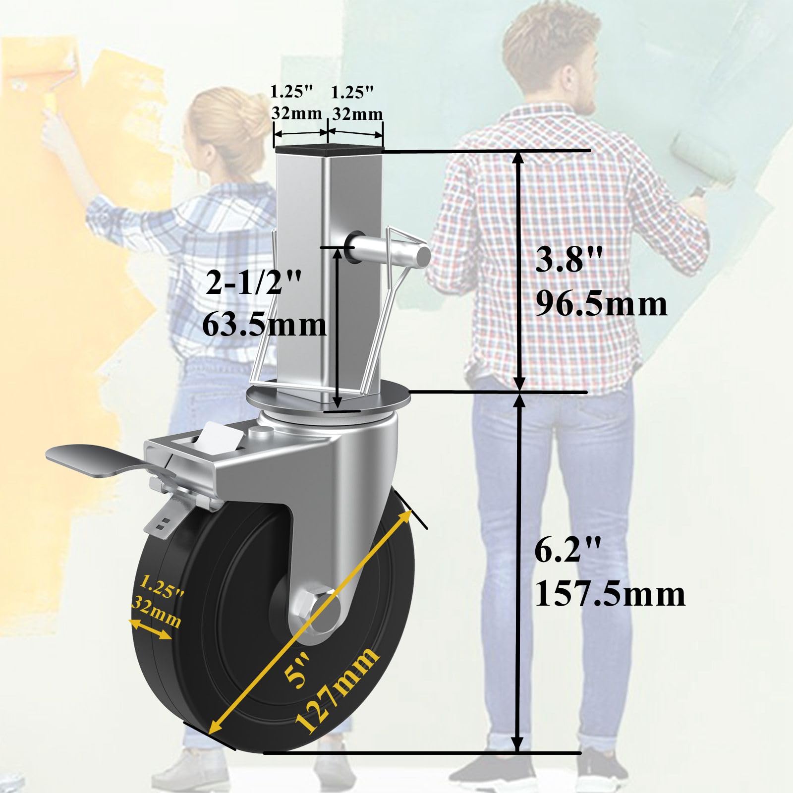 MSWY dual locking brakes on scaffolding wheels provide stationary safety.