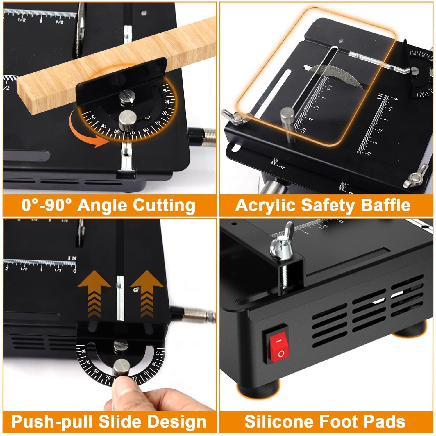 M-T Mini Table Saw transparent debris guard protects delicate cuts.