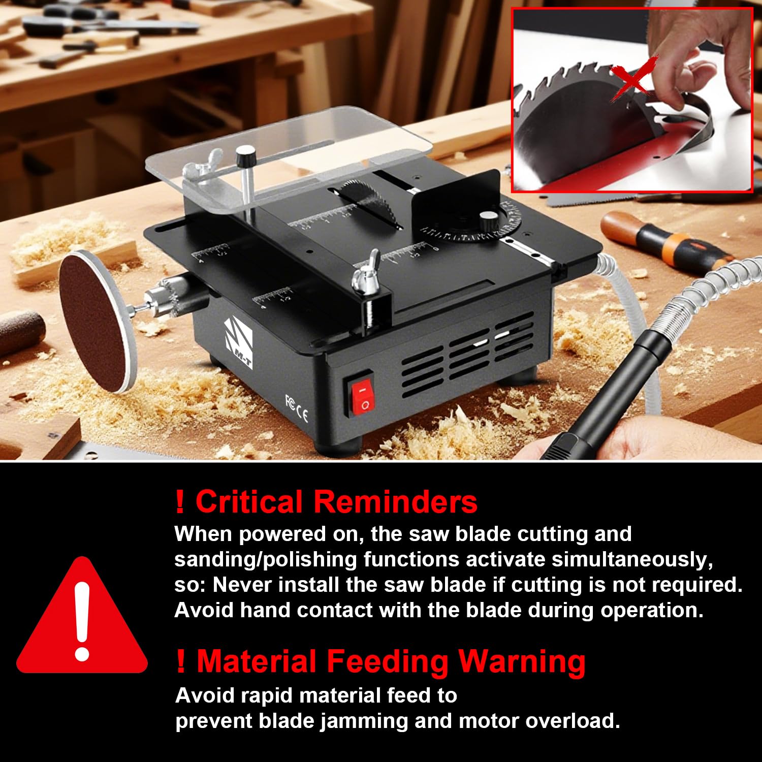M-T Mini Table Saw with PCB cutting blade kit for clean board work.