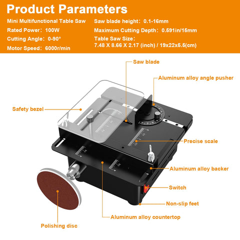 M-T Mini Table Saw shock-absorbing pads stabilize delicate cuts.