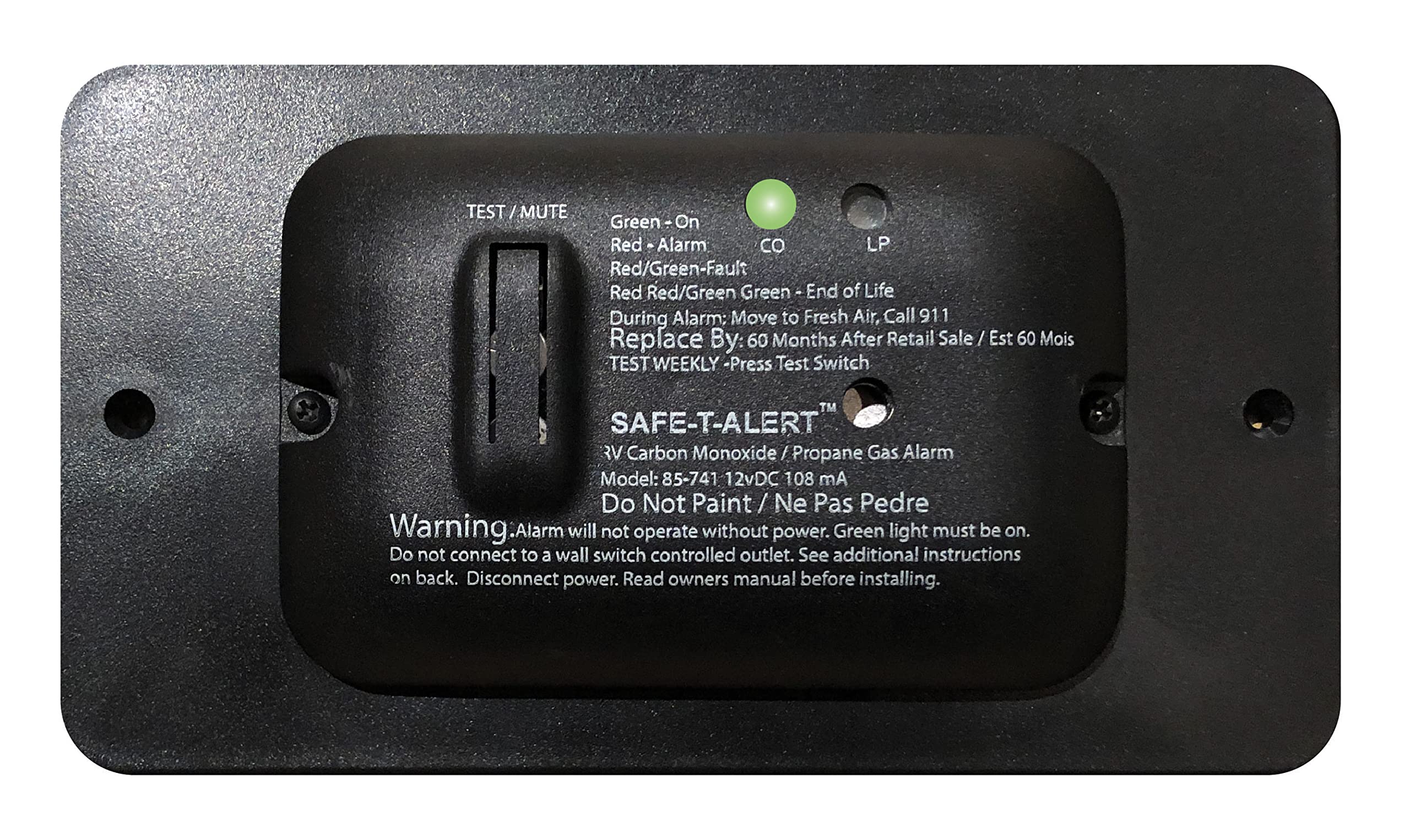 MTI Industry Safe-T-Alert 85-741-BL carbon monoxide and propane gas alarm in 12V black for RV safety