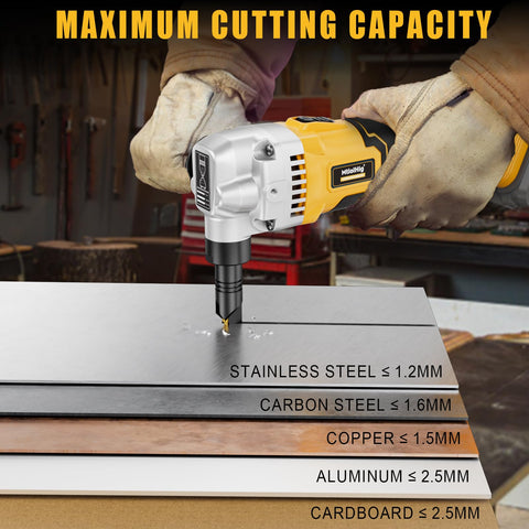 360-degree rotating head enables straight and curved cuts.